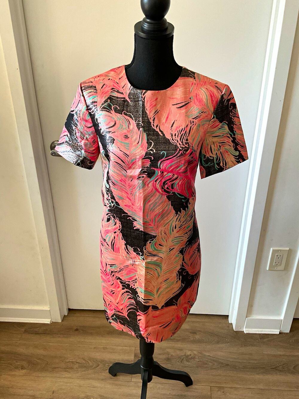 kate spade Regal Plumes Metallic Jacquard Feather Shift Dress pink Gold Black
